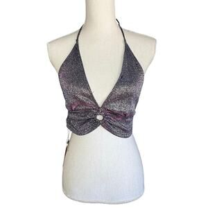 CIDER purple glitter Halter Crop Top NEW rave festival baddie nwt retro